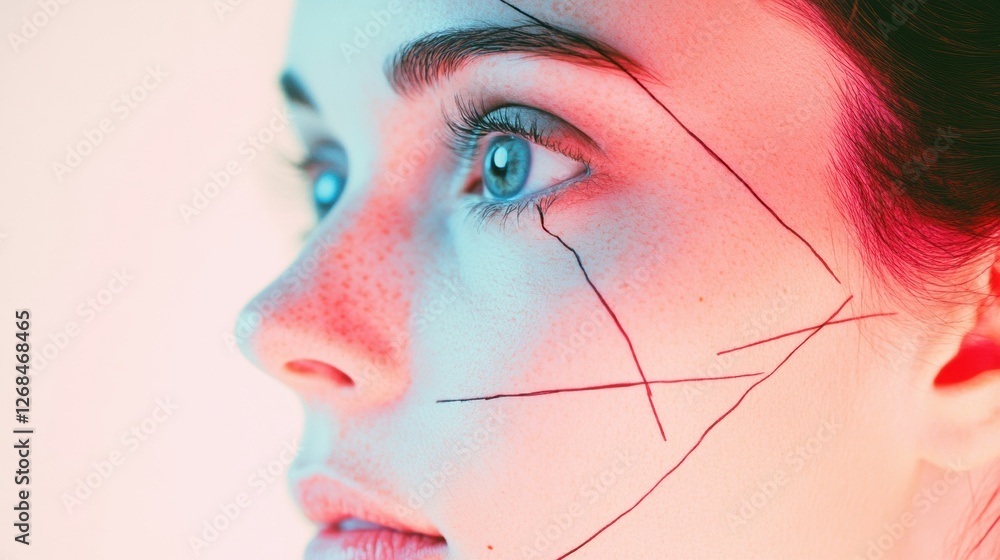 Poster unique artistic expression using vibrant colors and striking facial features in contemporary portrai