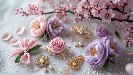 Fototapeta premium Luxury Handmade Floral Accessories with Gold Details on Elegant Soft Background