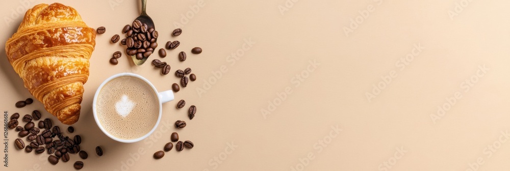 Poster enjoying a warm croissant with coffee and roasted beans on a beige surface during a morning break. g