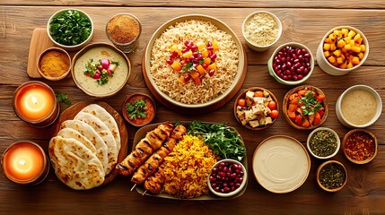 Fototapeta premium Middle Eastern feast, overhead, wooden table, candlelight, restaurant