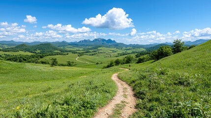 Fototapeta premium Winding path through a grassy valley under a partly cloudy sky. Possible use Nature landscape stock photo