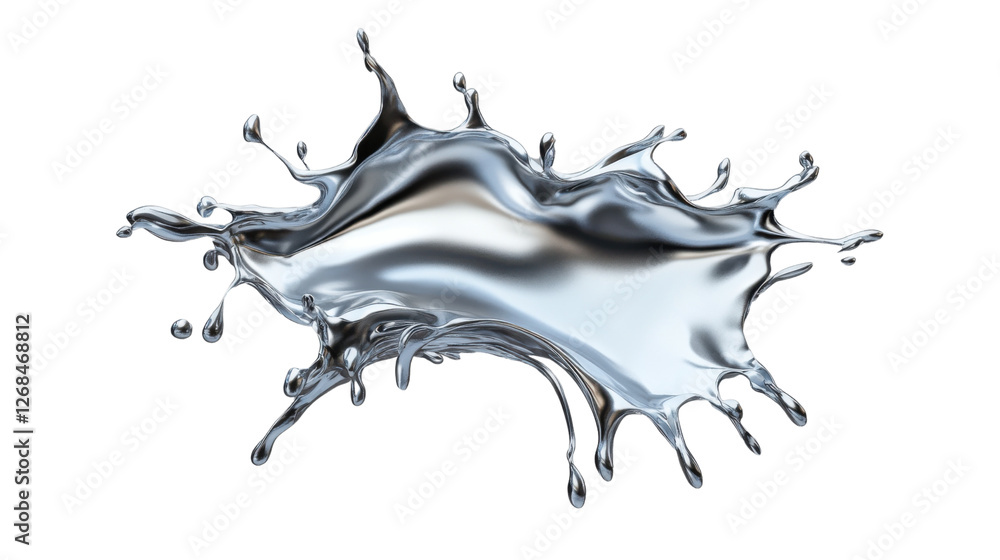 Poster silver liquid splashing and forming a beautiful shape on transparent background