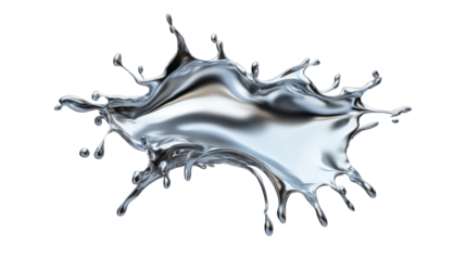 Silver liquid splashing and forming a beautiful shape on transparent background