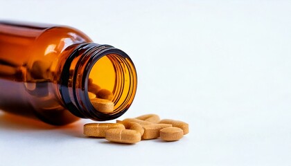 pills spilling out of a brown medicine bottle, suggesting medication and healthcare, with some pills lying scattered