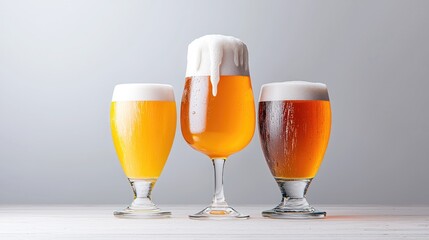 Three beer glasses, foamy tops, light background, pub setting, drink menu image