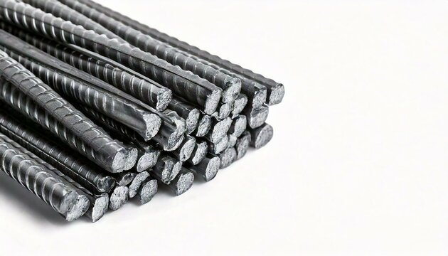 a pile of steel rods, ready for construction use. The rods are gray and have a rough texture, ideal for reinforcing concrete