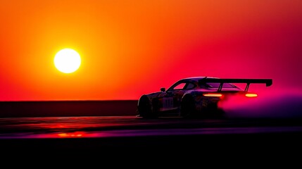 Sunset race car drifting, tire smoke.
