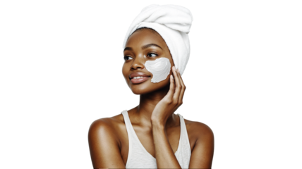 portrait of a woman in her 30s applying a face mask as part of her skincare routine, dressed in a light grey tank top and a towel wrapped around her head, smiling gently, isolated on a white backgroun