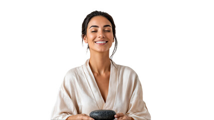 portrait of a woman in her 30s receiving a hot stone massage during her wellness spa treatment, dressed in a silky cream-colored robe, smiling serenely, isolated on a white background