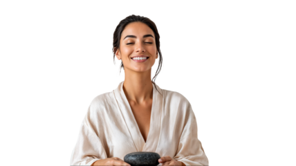 portrait of a woman in her 30s receiving a hot stone massage during her wellness spa treatment, dressed in a silky cream-colored robe, smiling serenely, isolated on a white background