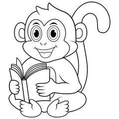 Cute cartoon monkey reading book line art