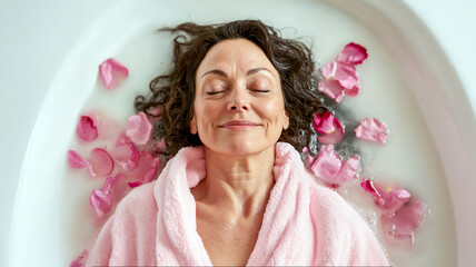 portrait of a middle-aged woman enjoying a soak with rose petals as part of her spa self-care routine, wearing a light pink robe, smiling with a relaxed expression