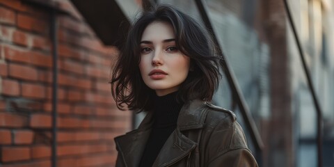 Fototapeta premium Stylish Young Woman Posing Against a Brick Wall in Urban Setting