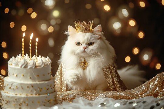 Regal White Cat Celebrates Birthday With Cake