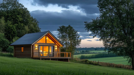 Obraz premium A small wooden log cabin in the countryside at dusk, with warm lights glowing from inside, surrounded by lush green fields and tall trees. The dark blue sky and clouds above add to the cozy and inviti