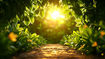 Sunlit Path Through Lush Green Garden