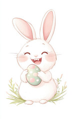Fototapeta premium A cute cartoon bunny holding an Easter egg, smiling and laughing with joy in its eyes.