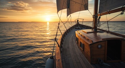 Vintage Wooden Sailboat on Calm Waters During Sunset