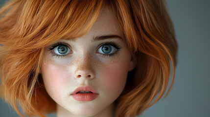 Portrait of freckled redhead girl, close-up, grey background; beauty, fashion