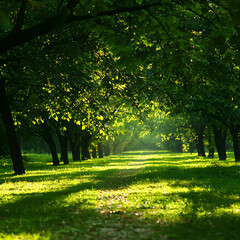 Naklejka premium Sunlit Path Through Lush Green Trees