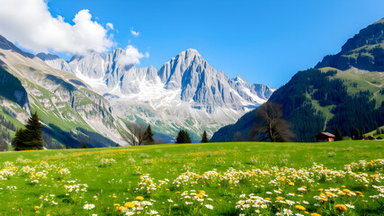 Fototapeta premium Alpine meadow with daisies and snow-capped mountains in background