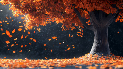 Autumn Scene with a Tree and Falling Leaves