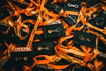 Retro audio cassette tapes with tangled orange magnetic tape. Vintage music storage format nostalgia. Analog technology background with copy space