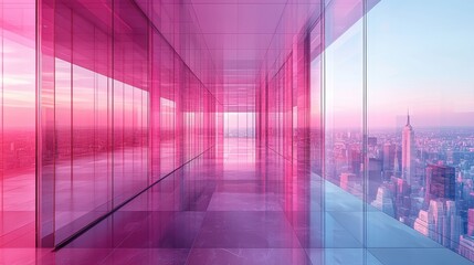 Modern Architectural Space with Pink Glass and City View at Sunset