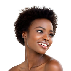 Woman with short natural hair smiles softly against a white background showcasing her radiant skin and confident expression