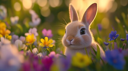 Obraz premium Adorable white bunny rabbit sitting among colorful spring flowers in sunlit meadow. Easter holiday, nature photography, and animal cuteness concept with bokeh background
