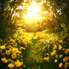Obraz premium Sunlit Path Through Yellow Flower Field