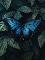 Fototapeta premium A blue butterfly with black wings, resting on green leaves. The background is dark, and the colors of both sides contrast with each other