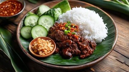 Rendang and Rice in traditional plating