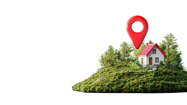 Cozy House on Green Hill with Red Location Pin – PNG Background