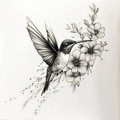 Detailed Hummingbird Tattoo Design Hovering Near Flowers