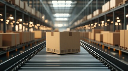 Single cardboard box on conveyor belt inside a large warehouse with blurred background filled with stacked packages and bright lighting
