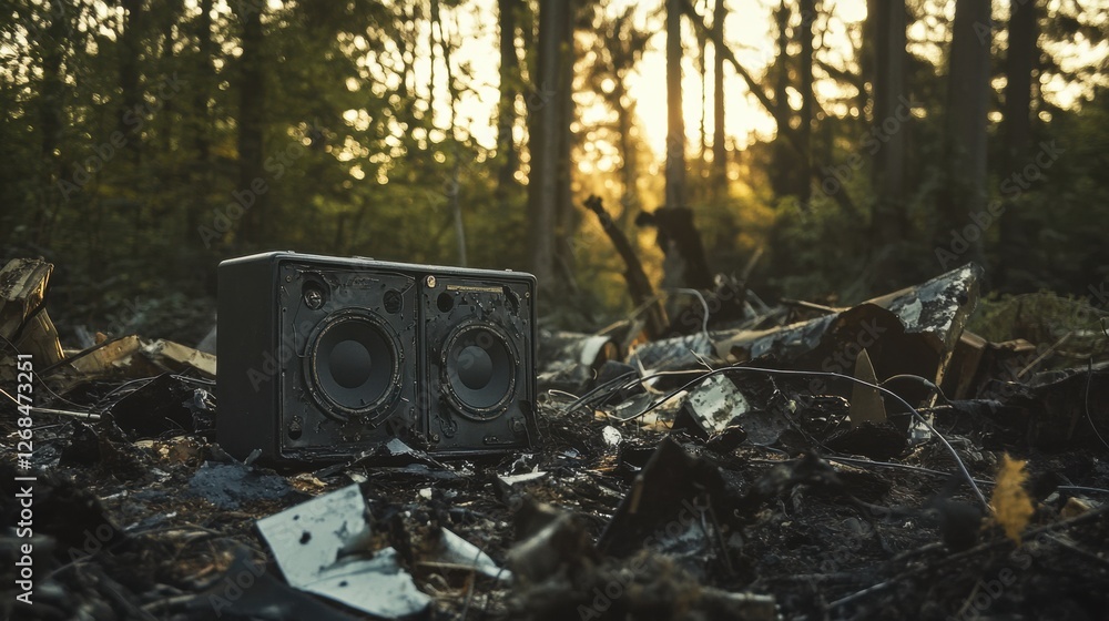Poster black box recorder rests among scattered debris in the forest under sunset light. generative ai