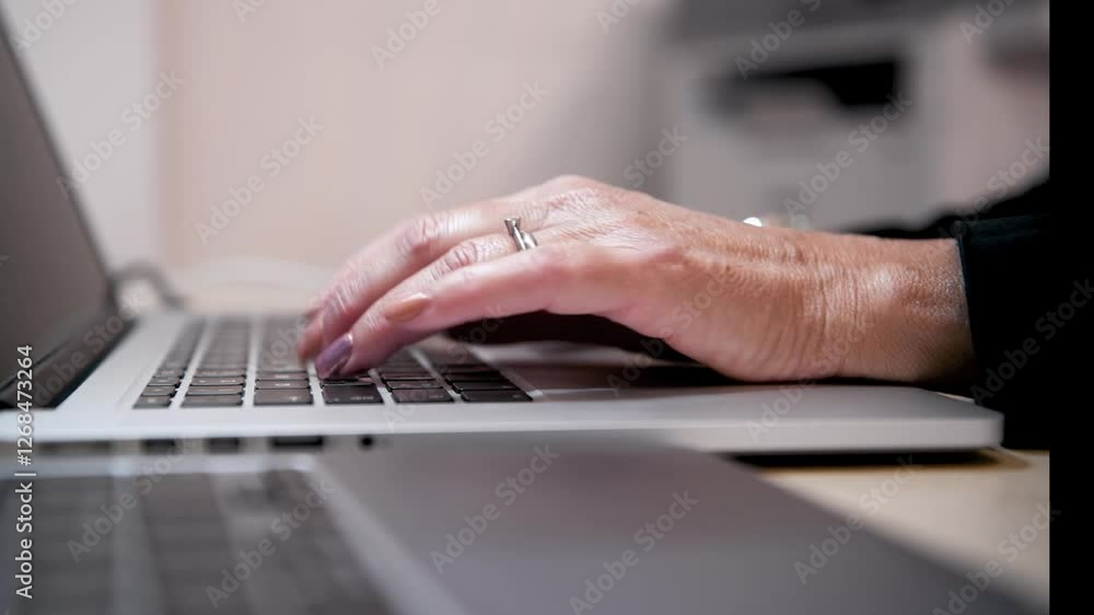 Aufkleber woman hand working on a notebook using touchpad and keyboard, close up. slow motion