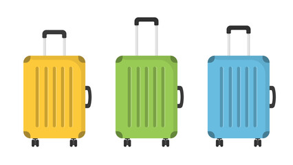 Three color plastic suitcases with handles, vector eps10 illustration