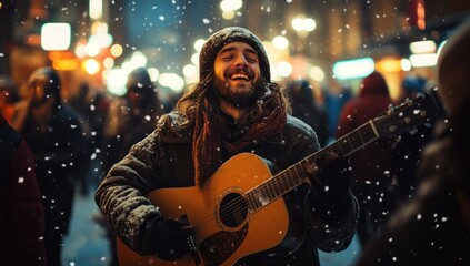 Joyful Street Musician in Snowy City Night