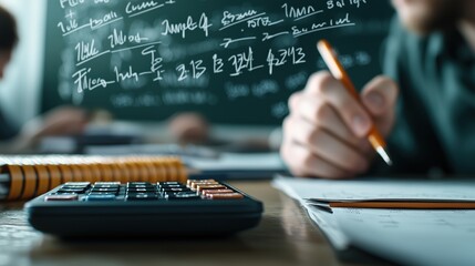 Student Using Calculator to Solve Math Problems with Handwritten Notes and Black Chalkboard in Classroom Setting
