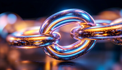 Abstract glowing chain link close-up. Possible use Stock photography for technology, security, or industrial themes