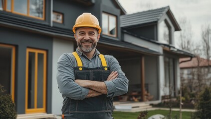 Confident Construction Worker in Front of New House