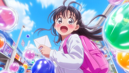 Animated Girl Holding Letter in City with Bubbles