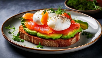 A gourmet avocado toast topped with smoked salmon, poached eggs, and fresh herbs, served on crusty bread with microgreens on a plate.