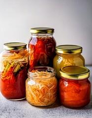 A variety of homemade pickled vegetables stored in glass jars with golden lids, featuring fermented cabbage, carrots, and tomatoes.