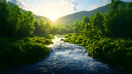 Sunlit River Flowing Through Lush Green Forest Valley