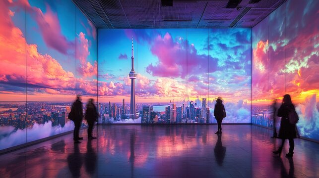 wide-angle view of large rooms with projection mapping on all walls, ceilings and floors. It's like being above the clouds