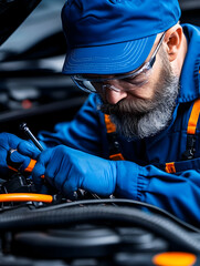 Auto mechanic working on a car engine in a garage. Possible use Stock photo for auto repair services
