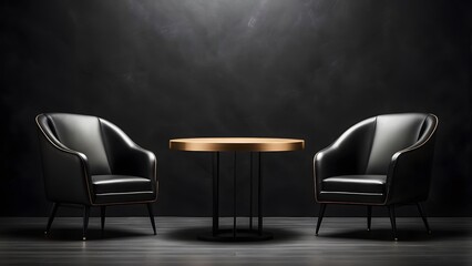 two chairs with round table banner with empty space, black luxury background, holiday banner poster background for advertisement ads